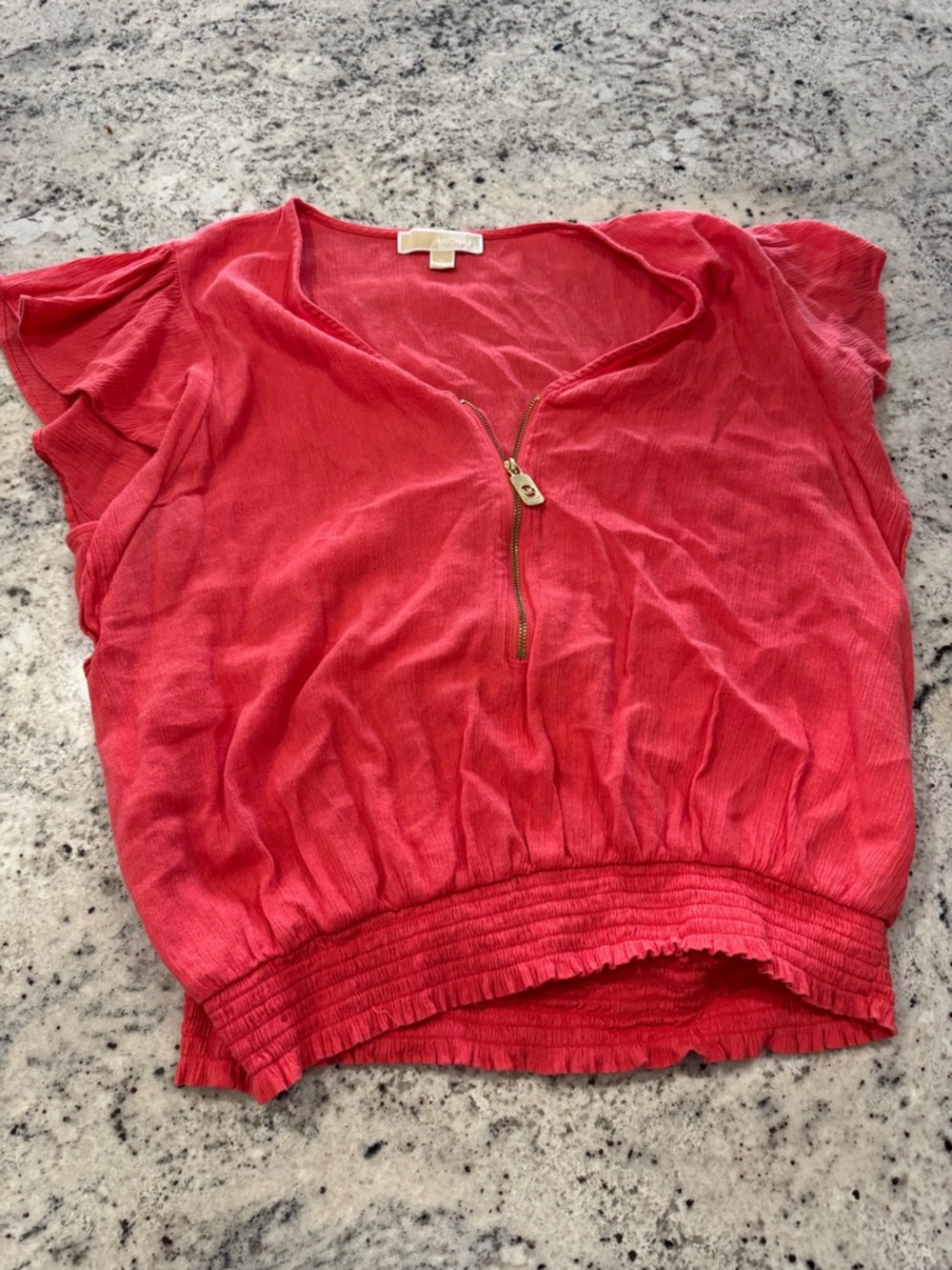 Michael Kors Coral Red Zip-Front Short Sleeve Blouse